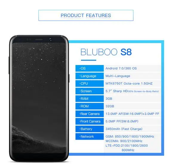 Bluboo S8 4 г LTE MTK6750 Octa Core 3 ГБ Оперативная память 32 Встроенная 13MP двойной сзади 5 7 ''HD