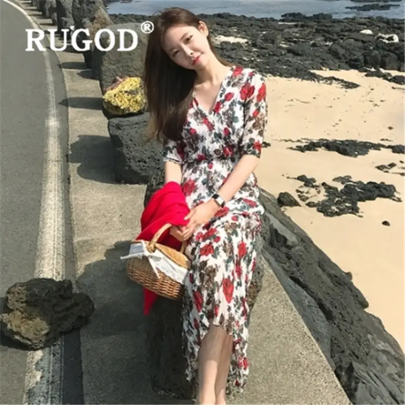 Женское платье с цветочным принтом RUGOD Вечернее приталенное v-образным вырезом на