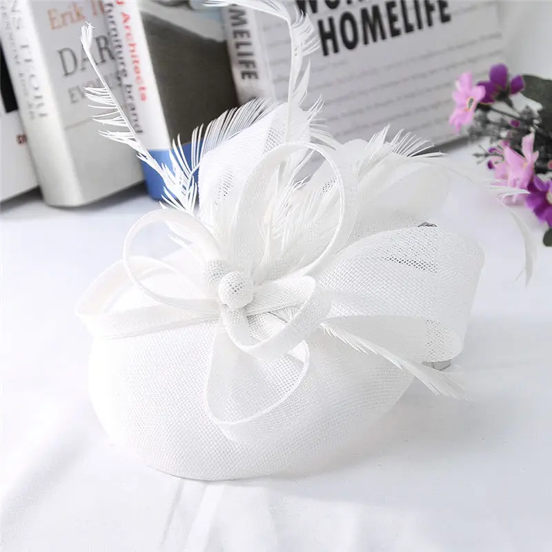 white GEMVIE, женская элегантная шляпа-Вуалетка с цветком и перьями, Коктейльная Кепка, для девушек, для свадебной вечеринки, для церкви, Pillbox, шляпа, Fedora, аксессуары для волос - Цвет: white