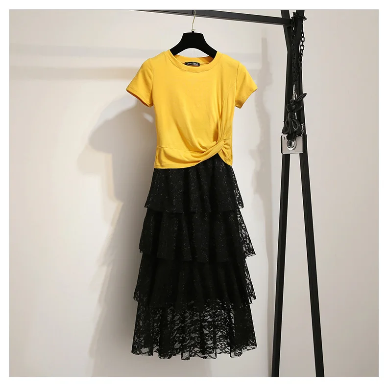 yellow and black Летние комплекты из двух предметов, корейские топы с галстуком и юбки, комплекты, длинные юбки с оборками, 2 предмета, спортивные костюмы, спортивный костюм для женщин, плюс размер 3XL - Цвет: yellow and black