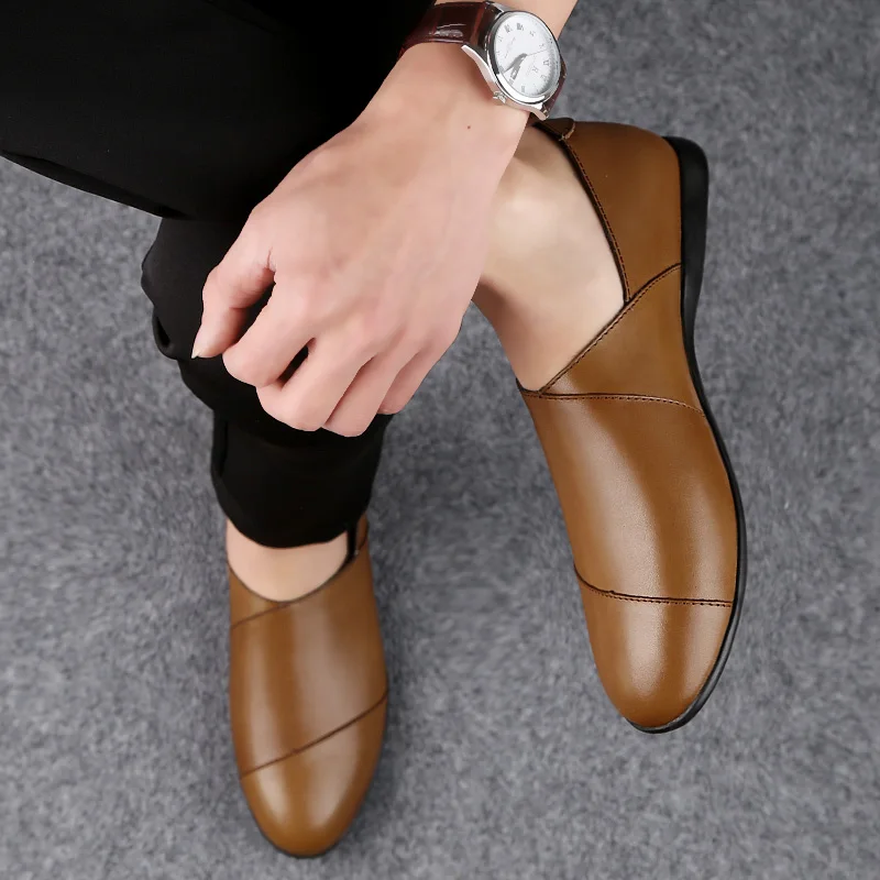 Мужские кожаные туфли на плоской подошве черные или коричневые Повседневные