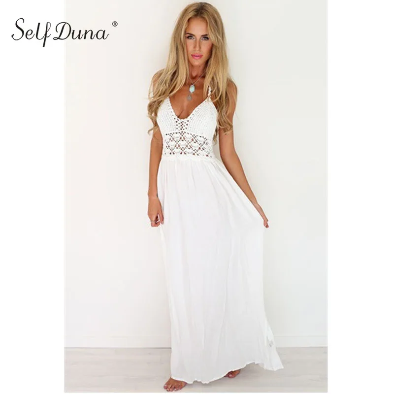 Женское длинное платье комбинация Self Duna белое пляжное макси с открытой спиной и v