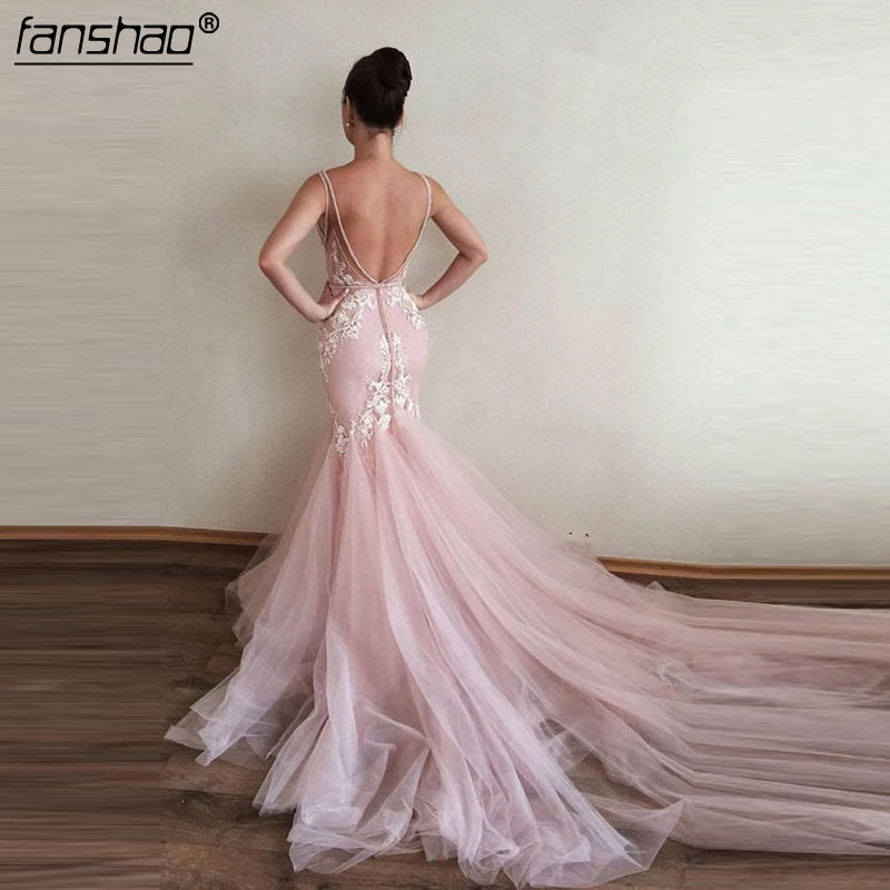 Розовые мусульманские Вечерние платья с глубоким V образным вырезом Тюлевая