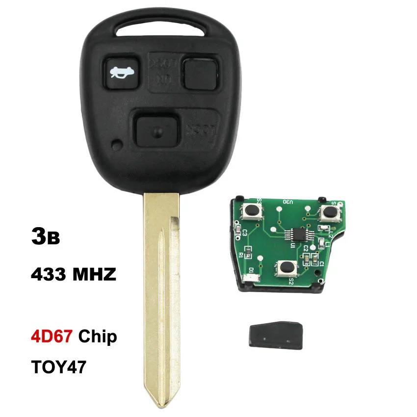 4D67 Chip 3 кнопки Автозапуск Брелок дистанционного ключа для Toyota RAV4 Corolla Yaris 433 МГц с 4C/4D67 чип внутри TOY47 необработанное лезвие - Количество кнопок: 4D67 Chip