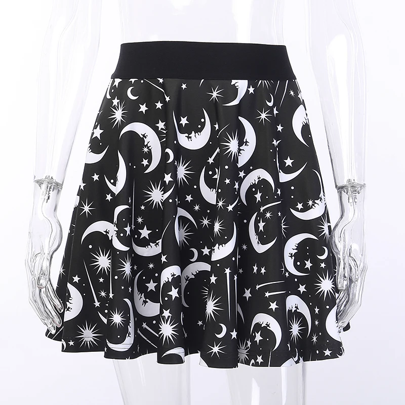 InstaHot Star Moon Printed Skirts High Waist Gothic Stretchy Pleated Skirt Harajuku Casual Punk Mini Black Skirts Summer Fashion
