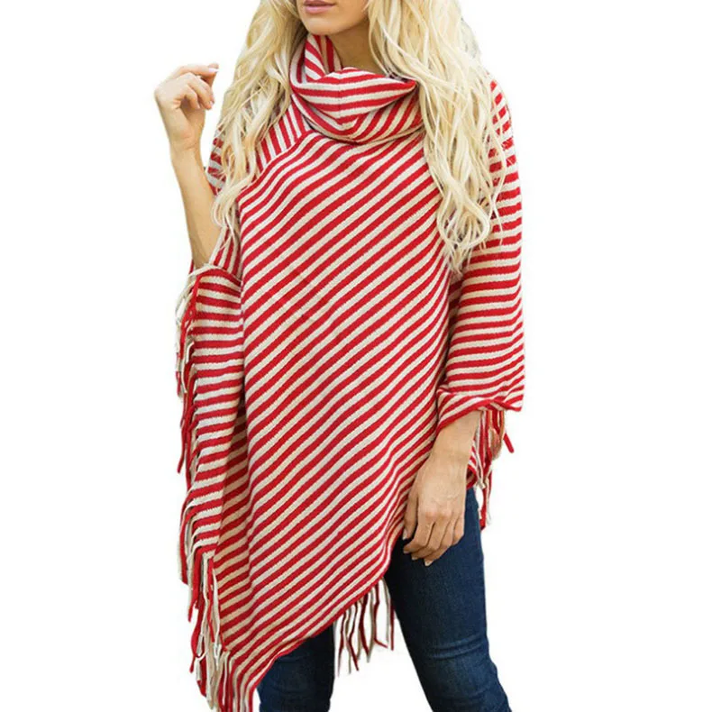 

SC102 2018 Winter Warm Knitted Tassel Plus Size Loose Poncho Women High Neck White With Black Striped Pullover