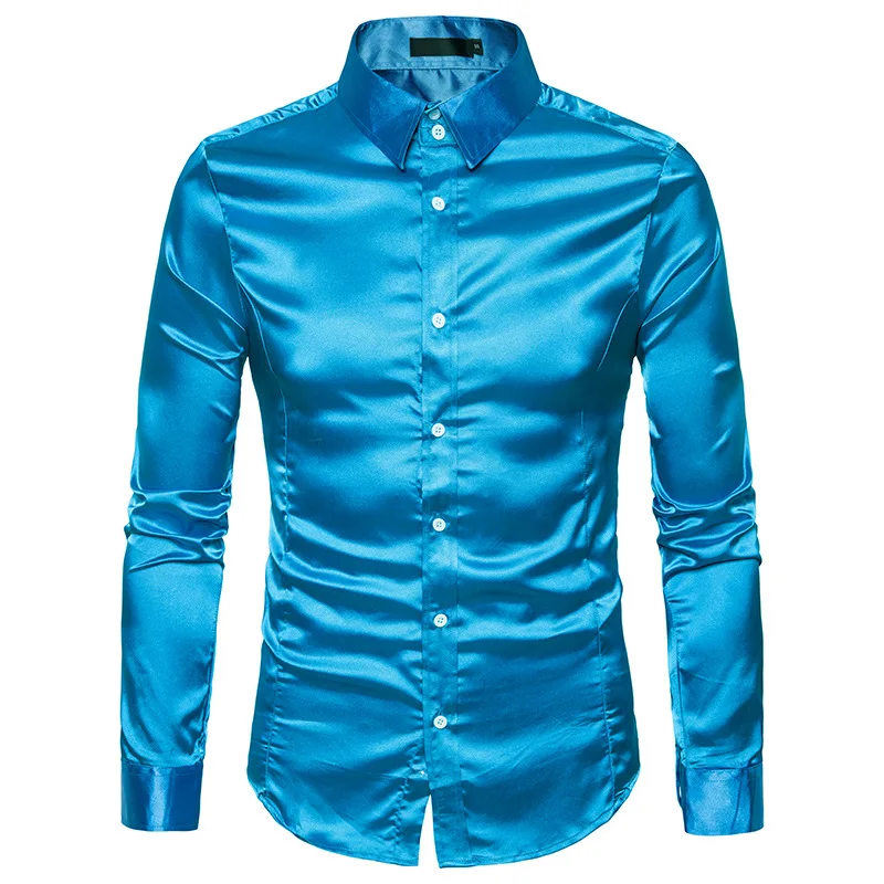 Новая золотая шелковая атласная рубашка для мужчин Chemise Homme 2018 модная мужская
