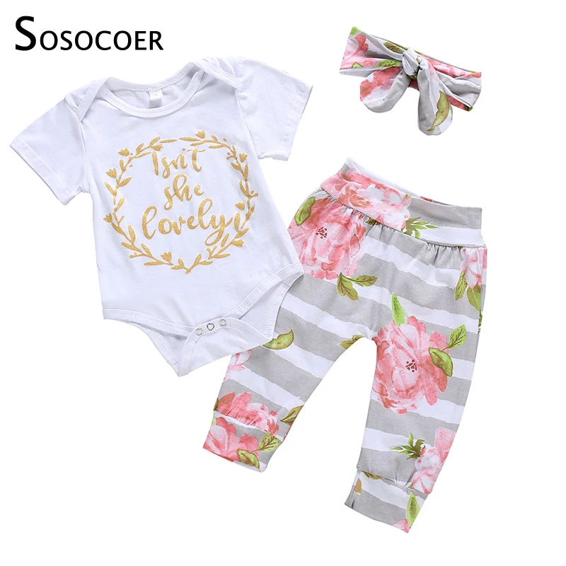 

SOSOCOER/комплект одежды для маленьких девочек, одежда для новорожденных девочек комбинезон с короткими рукавами и штаны с цветочным рисунком ...