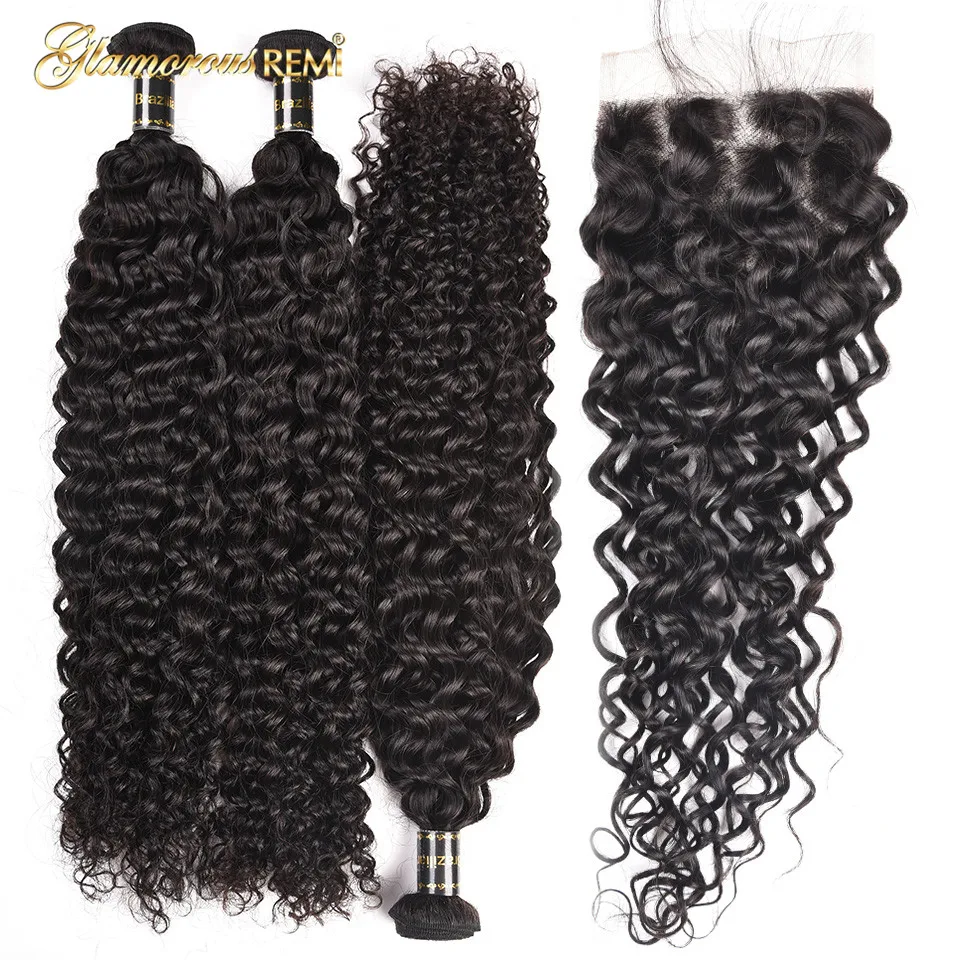 Glamorousremi Бразильский вьющихся волос плетение 3bundles с закрытием кружева 100%