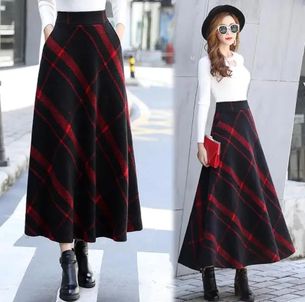 red black pladi Теплые шерстяные макси юбки для женщин зима Мода Высокая талия винтажная шерстяная плиссированная повседневная юбка для женщин плед Saia Longa Femme - Цвет: red black pladi