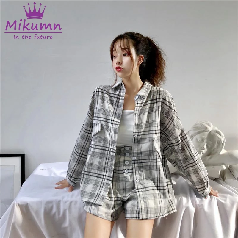 Женские рубашки повседневные клетчатые свободные с длинным рукавом BF Ulzzang