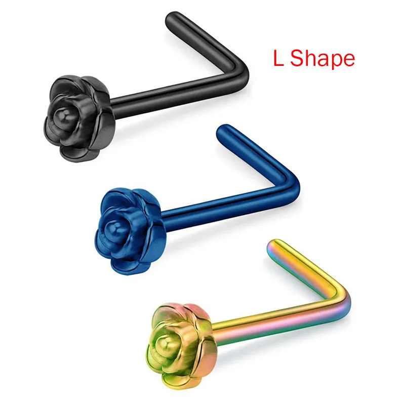 L Shape 1 шт 20 г титана нос шпилька L Кость Форма Элегантная подвеска в форме цветка розы серьга из носового кольца Серебряные Кольца Гвоздики пирсинг ювелирные изделия - Окраска металла: L Shape