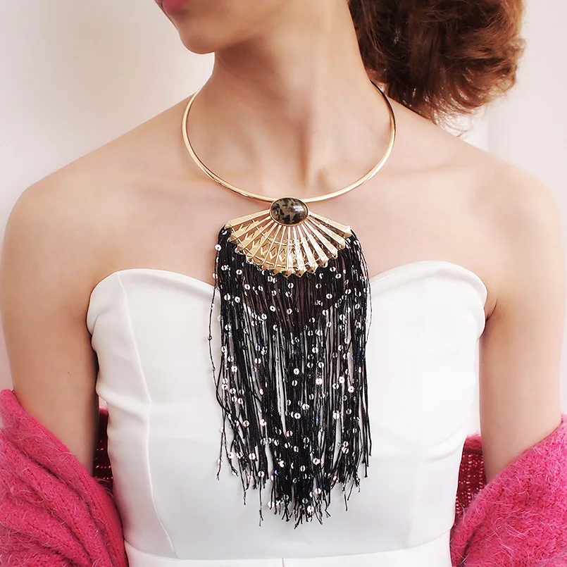 Богемные черные кисточки Чокеры Воротник эффектные Ожерелья Подвески бахрома