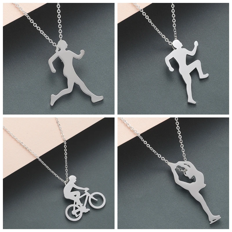 

QIMING 2019 Handmade Sports Jewelry Women Men Necklace Golden Running Bike Rider Bicycle Pendant Unique Stainless Steel Necklace