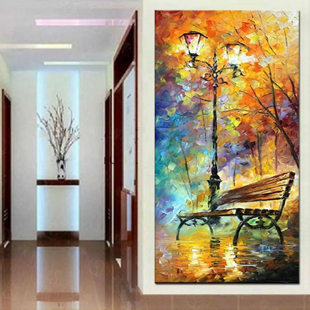 

100% Hand Painted Landscape City Bench Night View Knife Modern Canvas Painting For Living Room Wall Decoration Art