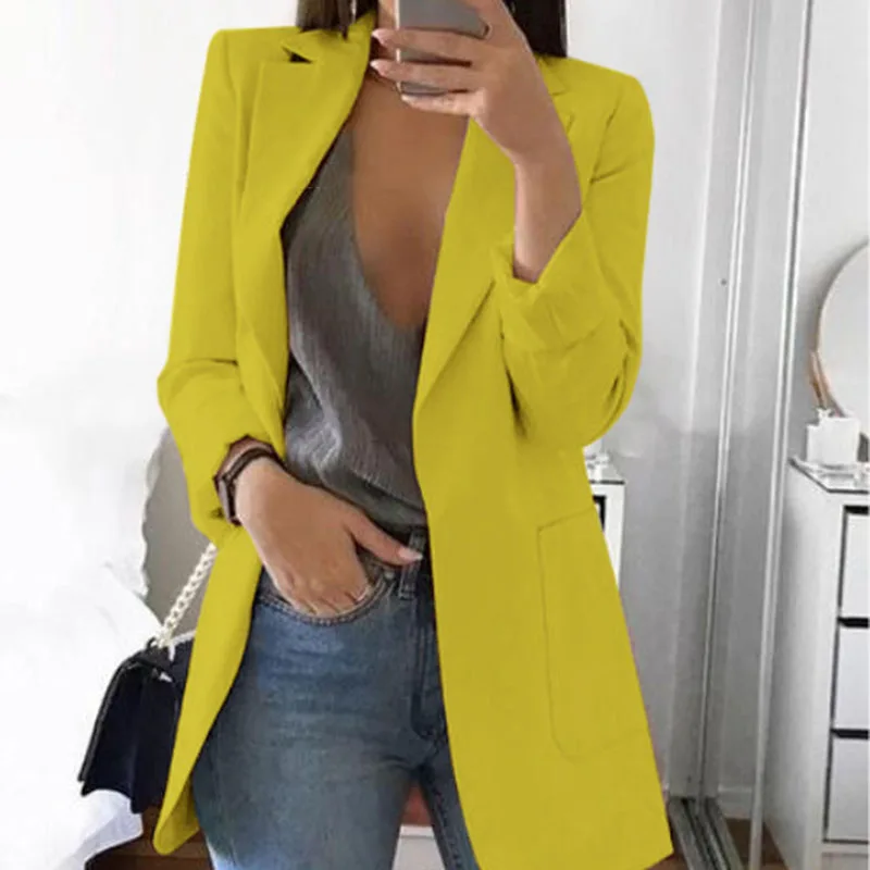 Autumn Office lady Long Slim Blazers Suit Women white Notched Blazer Coat Casual elegant long sleeve Female Business suit - Цвет: yellow