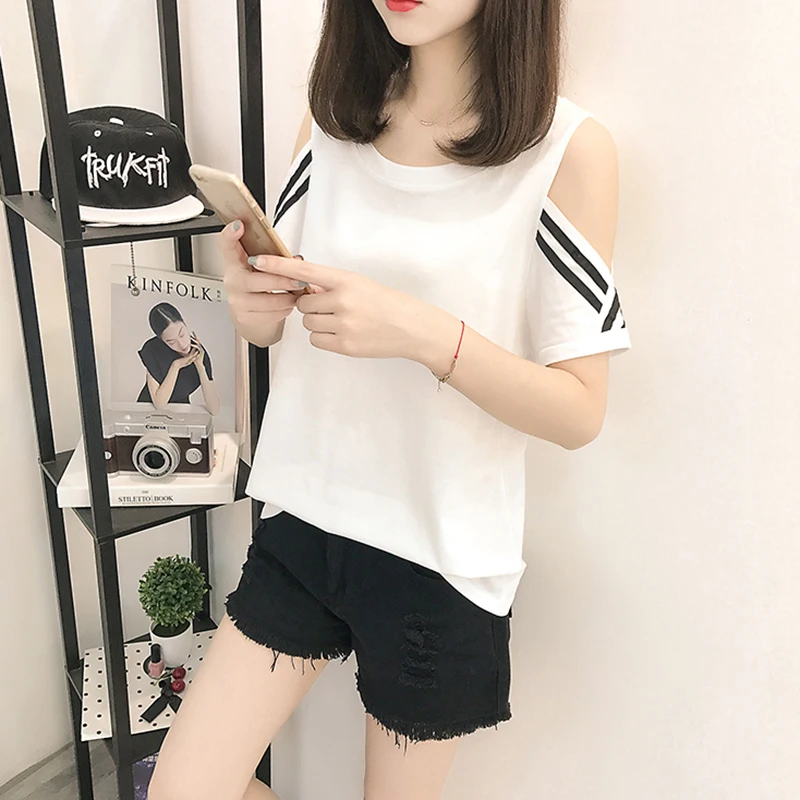 Femme Топы 2018 лето новая модная футболка женская кружевная открытая с коротким