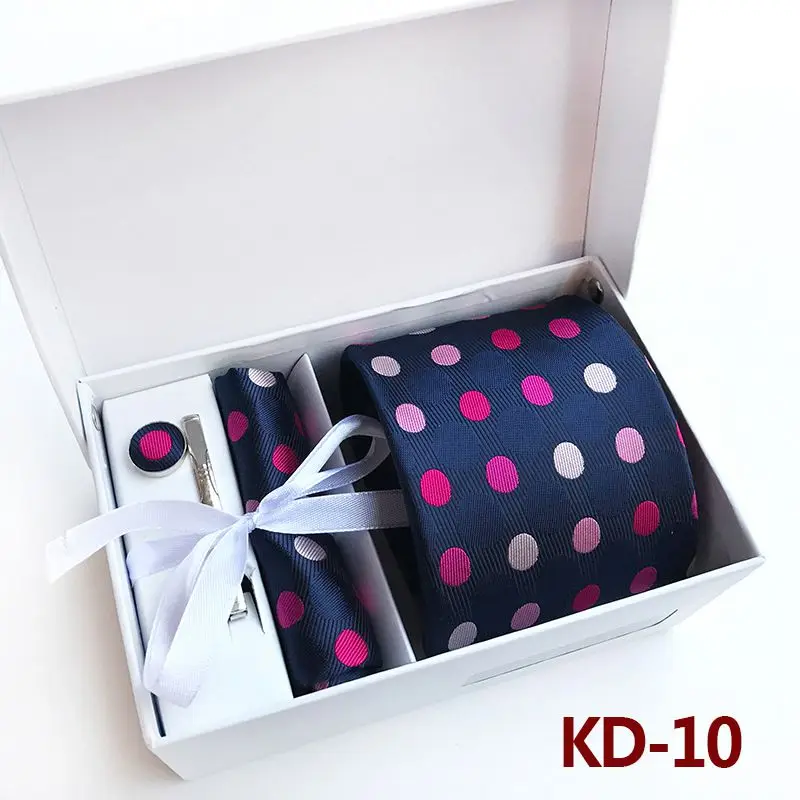 KD10 Новинка, модный галстук, набор, полиэстер, шелк, 8 см., галстуки в горошек, мужские галстуки для мужчин, галстук, платок, запонки, подарочная упаковка, KD01 - Цвет: KD10