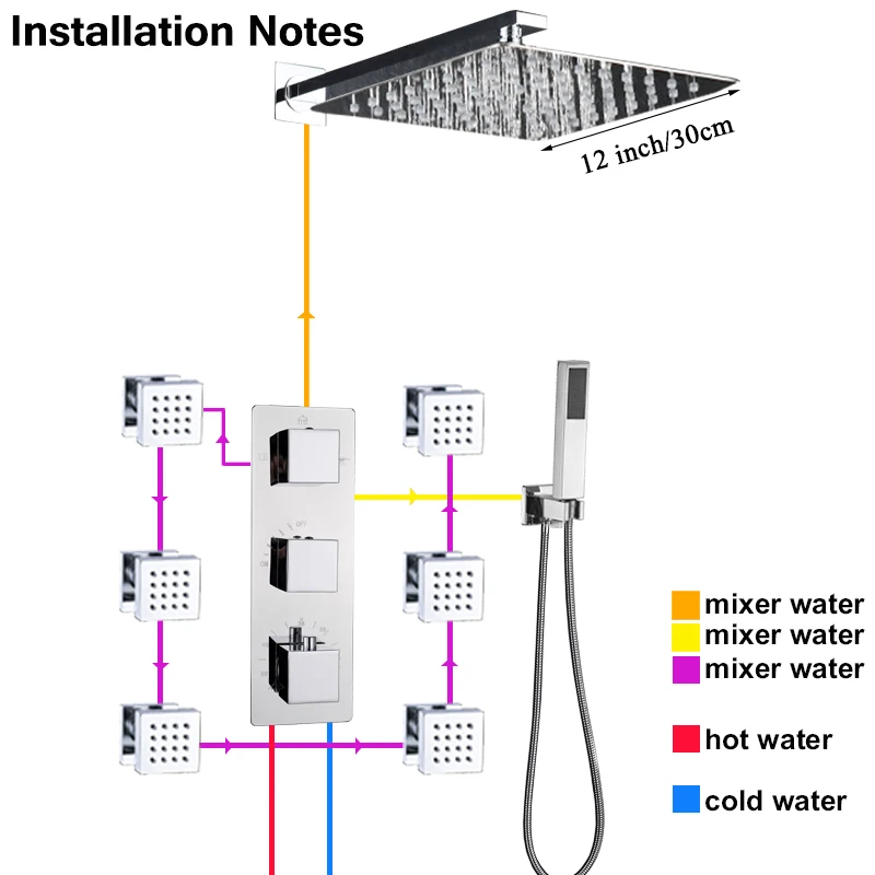 12 inch shower set Shinesia хром термостатический смеситель для душа набор дождь водопад душ с массажной 3-сторонний выход Термостатический смеситель для ванны набор для душа - Цвет: 12 inch shower set