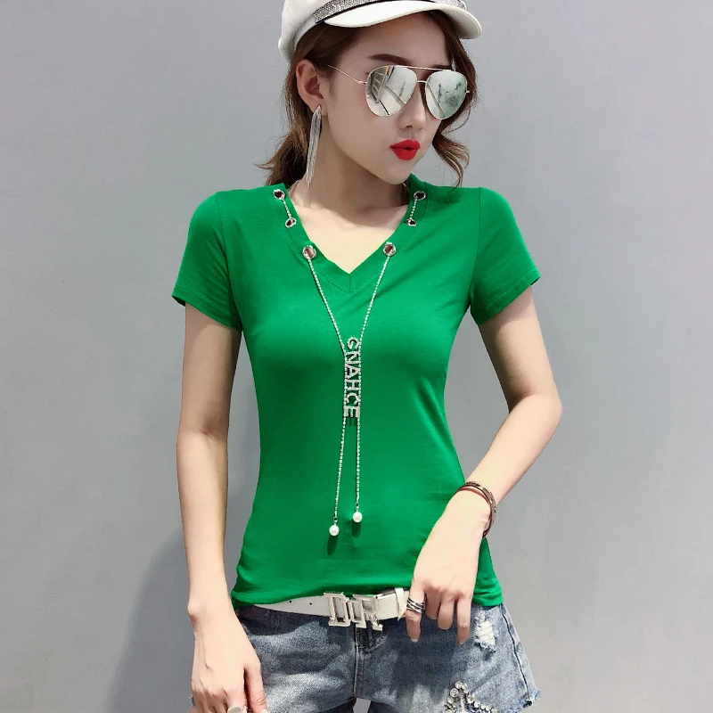 2019 Women summer solid color v-neck fashion chain short-sleeved t-shirt Slim sexy versa Casual Short Tee Top Vest | Женская одежда