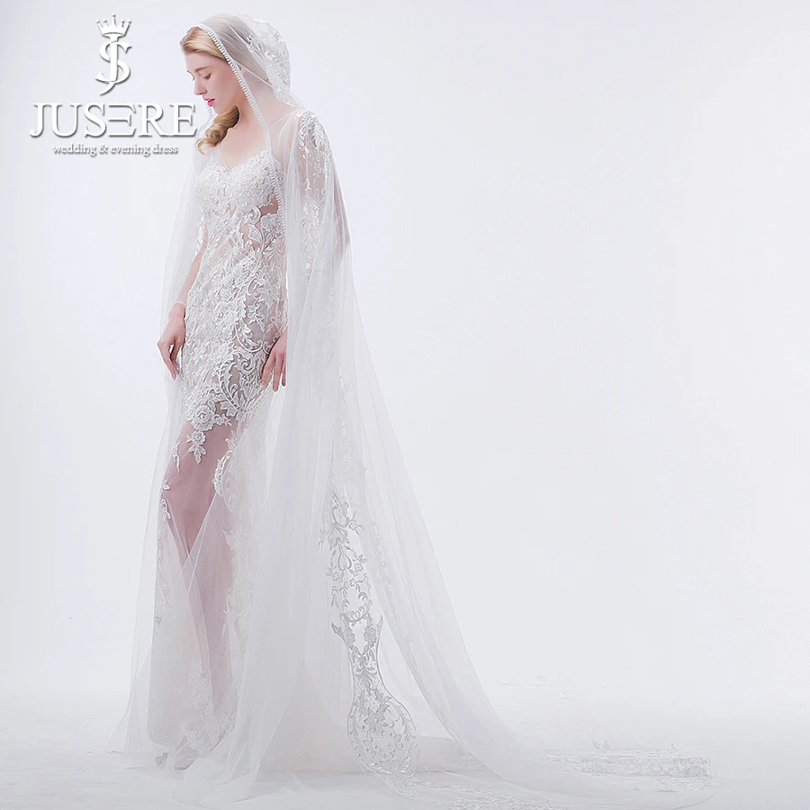 JUSERE Real Photos Illusion Sexy V Neckline Open Back Long Sleeves Mermaid Wedding Dresses with Cape Bridal Gowns 2019 | Свадьбы и