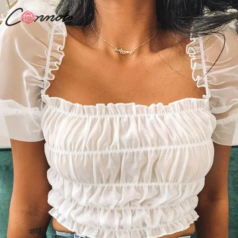 Conmoto Short Sexy White Blouse Mesh Women Crop Top Shirt Puff Sleeve Shirts Winter 2019 Casual Blusa Mujer |