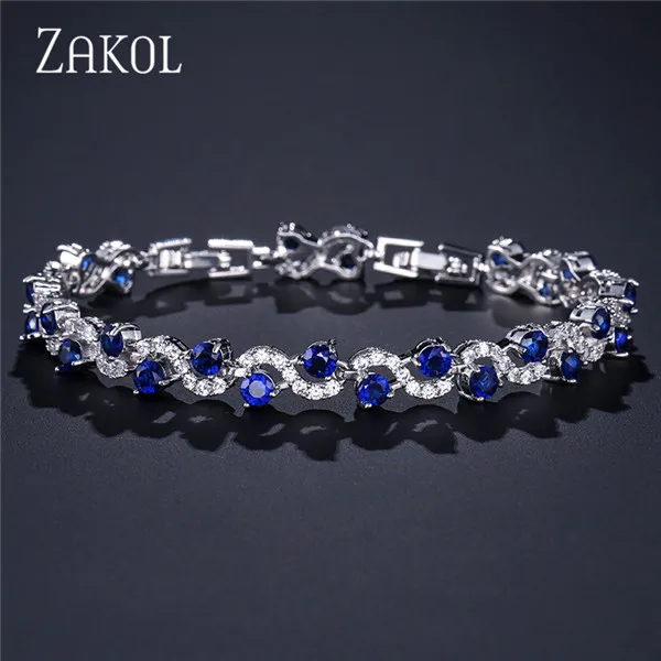 Blue Модные женские браслеты с кубическим цирконием, королевский синий камень, 4 цвета на выбор, женские свадебные украшения, рождественский подарок, FSBP170 - Окраска металла: Blue