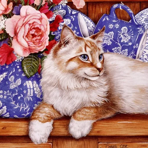 Алмазная мозаика полная вышивка квадратными стразами бусины кошка цветок чашка