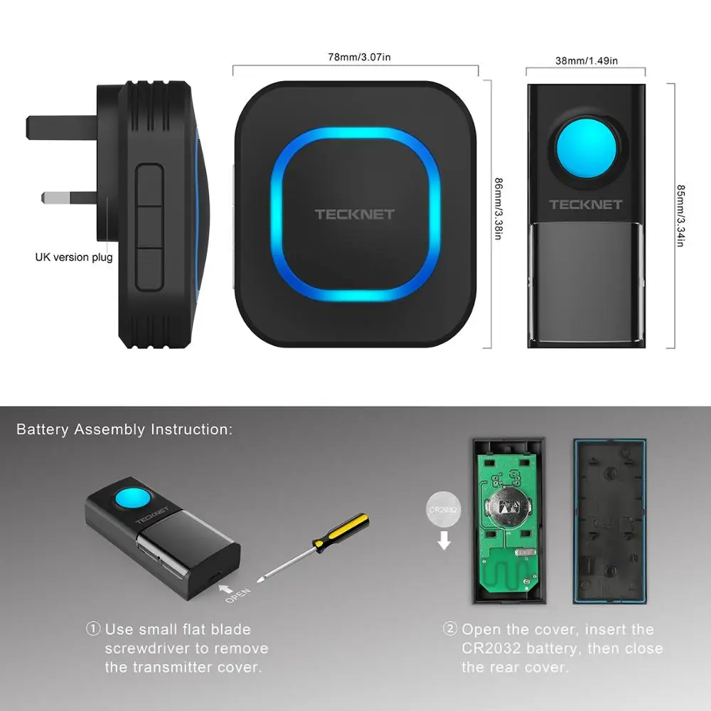 TeckNet Беспроводной дверной звонок Водонепроницаемый IP55 с двойными стенками