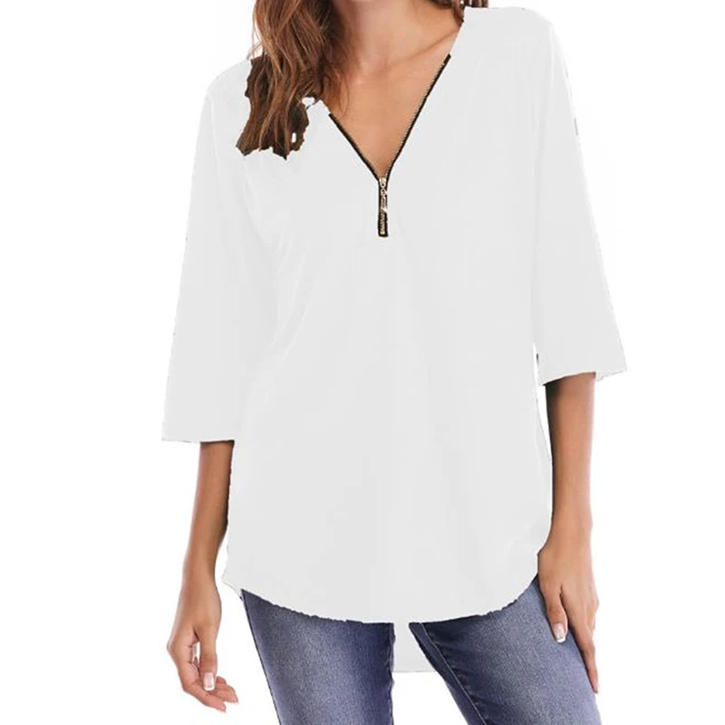 Women Summer Top V Collar Zipper Half Sleeves Loose Shirt Irregular Hem Casual T Shirts For Colth | Женская одежда