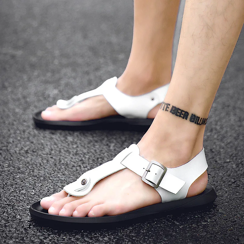 Мужские сандалии из натуральной кожи пляжные шлепанцы плоская подошва