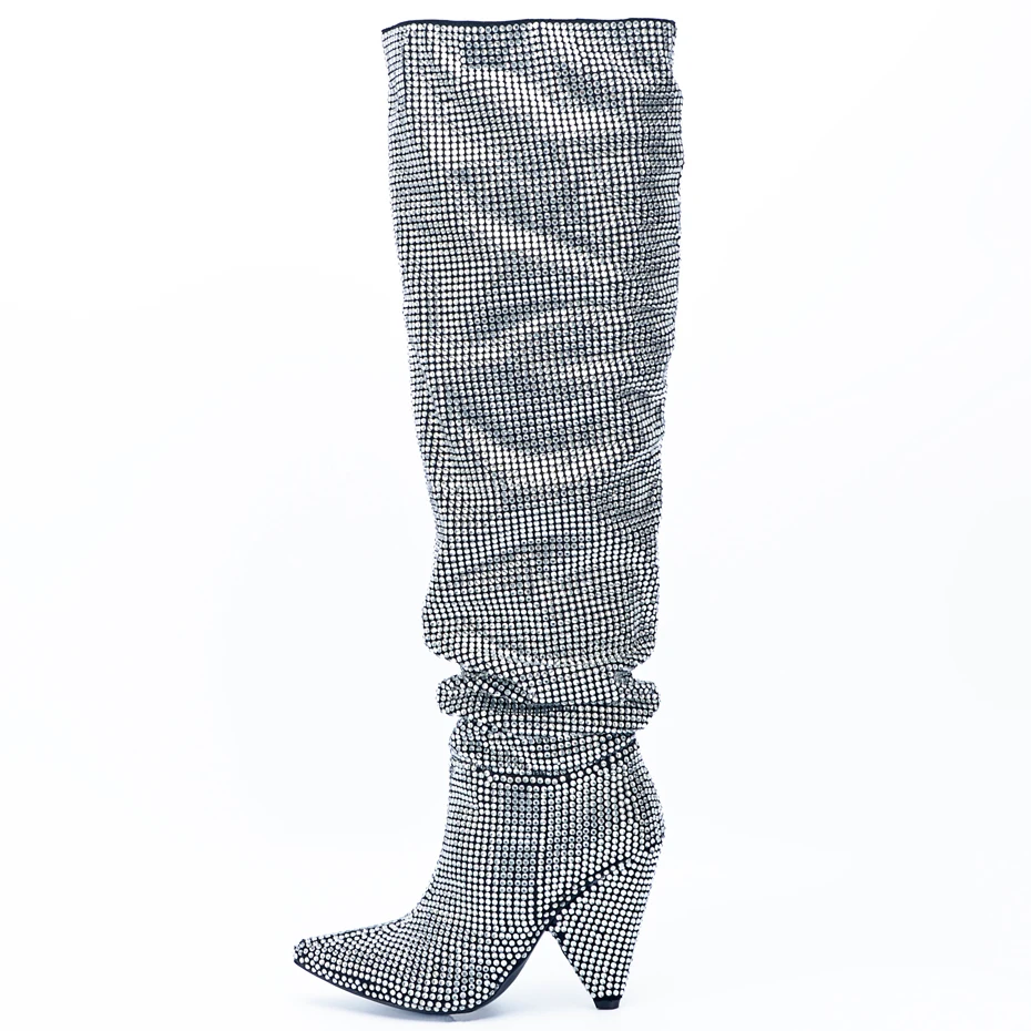 Stylesowner/Новинка года; роскошные женские сапоги до колена с острым носком и кристаллами; пикантные сапоги на не сужающемся книзу массивном каблуке; женские рыцарские сапоги; настоящая фотография