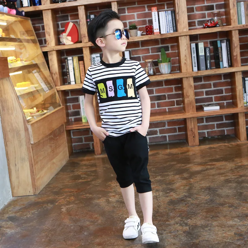 Children Set 2021 summer new children's two-piece boy cotton stripe short sleeve + pant 2pcs sets |