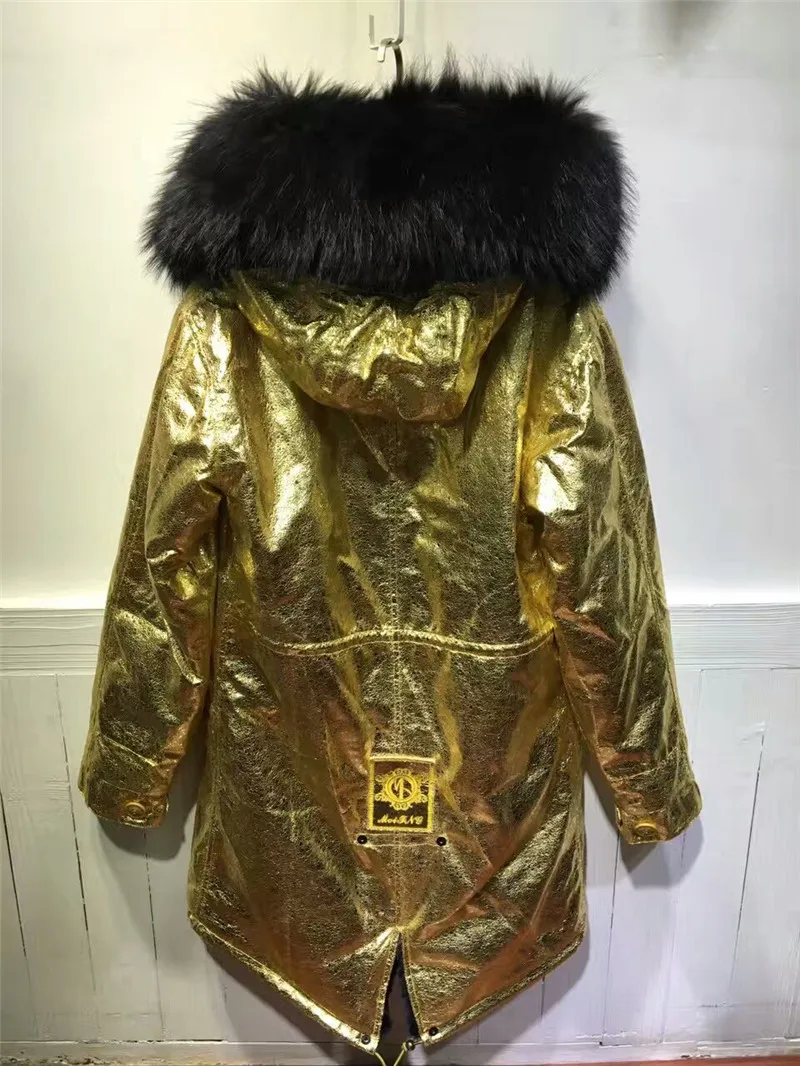 Длинная кожаная куртка золотистого цвета черная зимняя меховая парка на молнии с