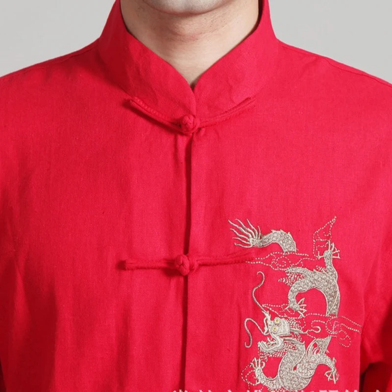 

Black/Red Cotton Linen Embroider Dagon Kung Fu Suit New Chinese Traditional Men's Short Sleeve Wu Shu Sets Uniform S-3XL 0114