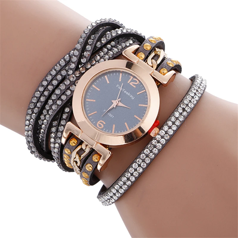 Женские часы обернуть вокруг моды переплетения Кожаный ремешок кварцевые дамы