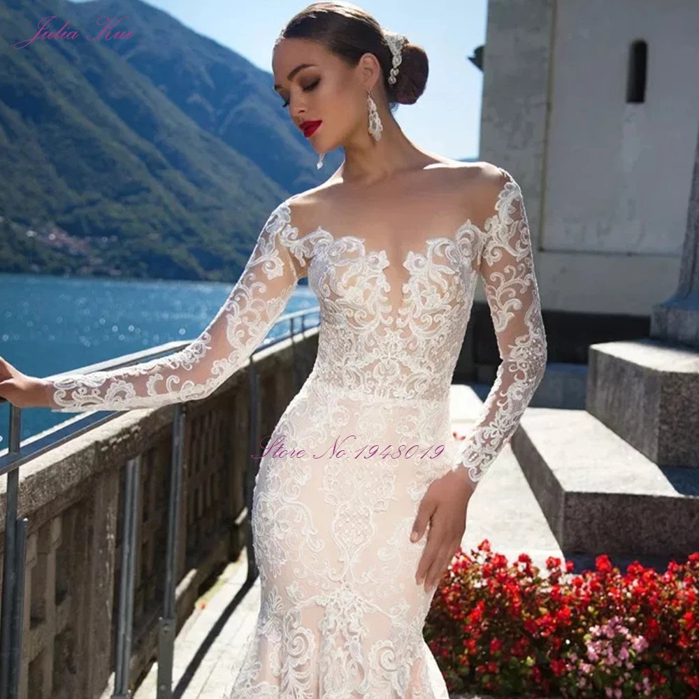 JULIA KUI Empire Mermaid Wedding Dress Full Sleeve Vestido De Noiva With Charming Lace Sewing | Свадьбы и торжества