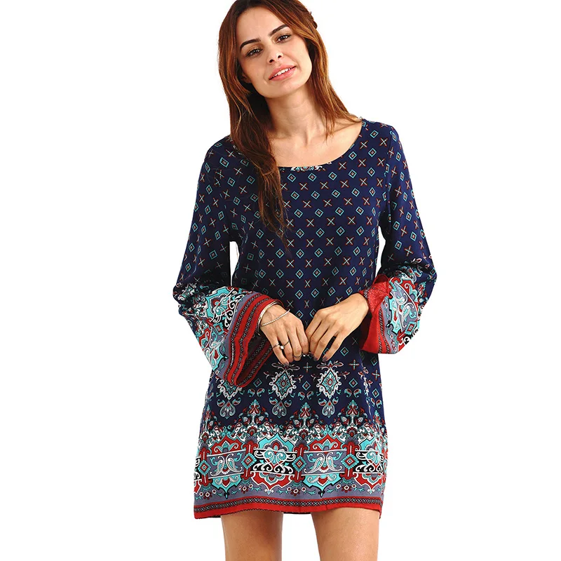 Vintage Ethnic Slim Loose Baroque Women's Dress Round Neck Printed Party Elegant Vestidos Verano Plus Size XXL XXXL W1054 | Женская