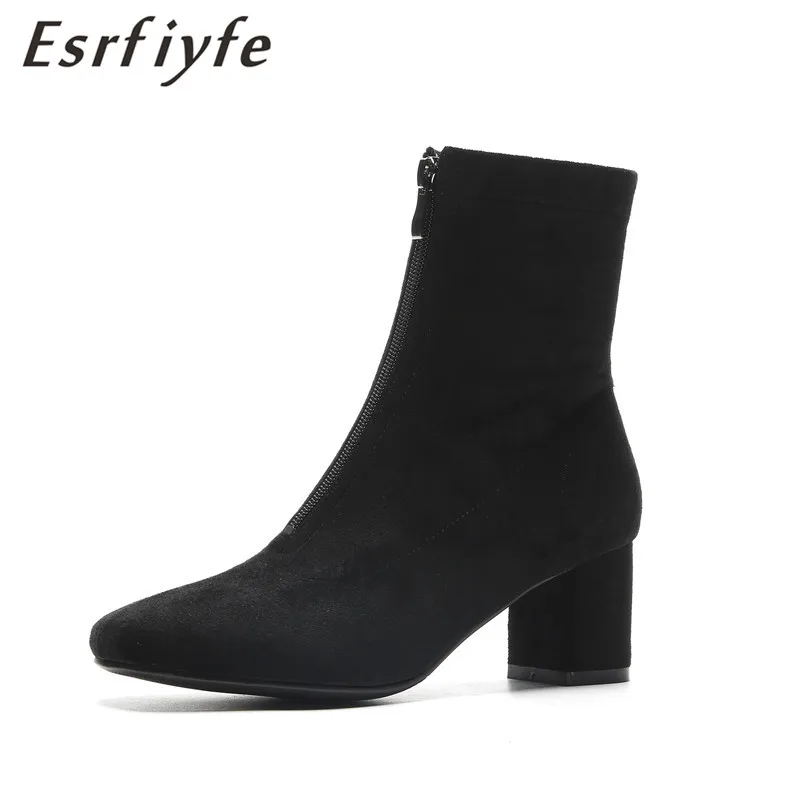 ESRFIYFE/2019 г. Новые ботильоны женские ботинки из флока на молнии спереди