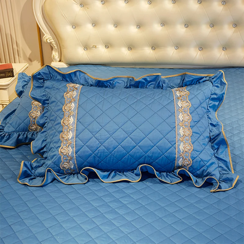 

Luxury European Blue Pink Gray Beige 100% Cotton Lace Embroidery Thick Quilting Bed Skirt Bedspread Pillowcases 3pcs Bedding Set