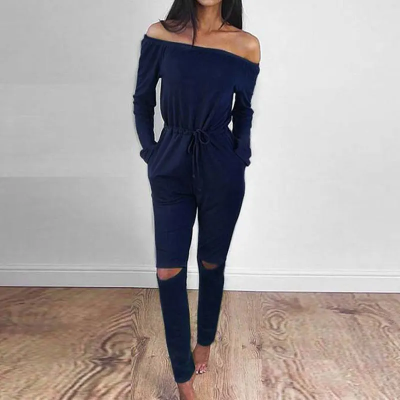 navy blue Женский комбинезон с открытыми плечами, Женские Осенние Комбинезоны с дырками, женские длинные комбинезоны с длинным рукавом и высокой талией, элегантный комбинезон - Цвет: navy blue