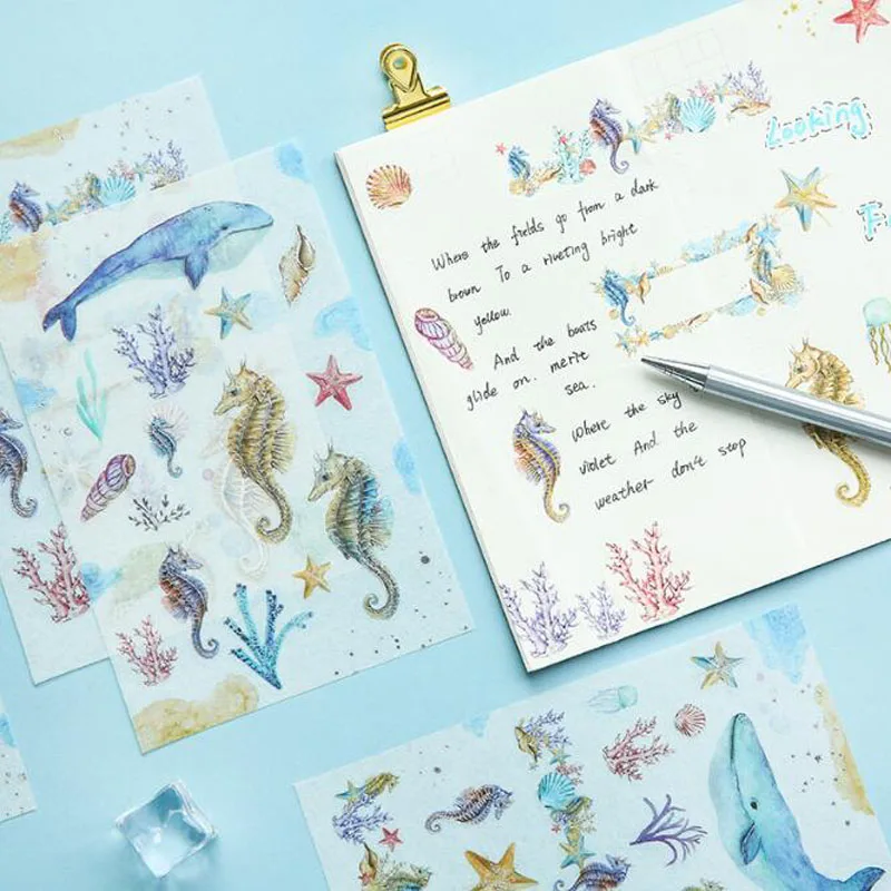 

3 Sheets Kawaii Stickers Marine Life Series Bronzing Stickers Hippocampus Whale Pattern Decor Scrapbook Office School Supplies