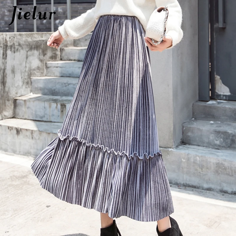 Jielur 2021 Chic Patchwork Velvet Midi Skirt Women Autumn Fashion High Waist Pleated Skirts 7 Colors Elegant Vintage Saia Female | Женская