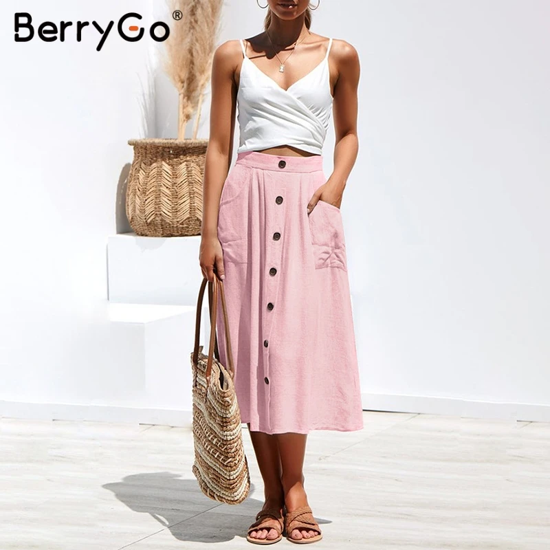 BerryGo женские юбки, одноцветная льняная юбка, винтажная пуговица, карманы, Женская Повседневная пляжная юбка для лета, праздничная мягкая Нижняя юбка