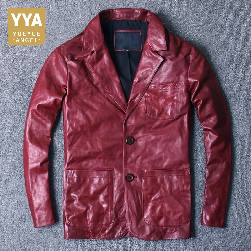 

Autumn Winter Men Vintage Sheepskin Blazer Jackets Real Leather Mid Long Genuine Leather Suit Coats Man 2021 New Casual Clothes