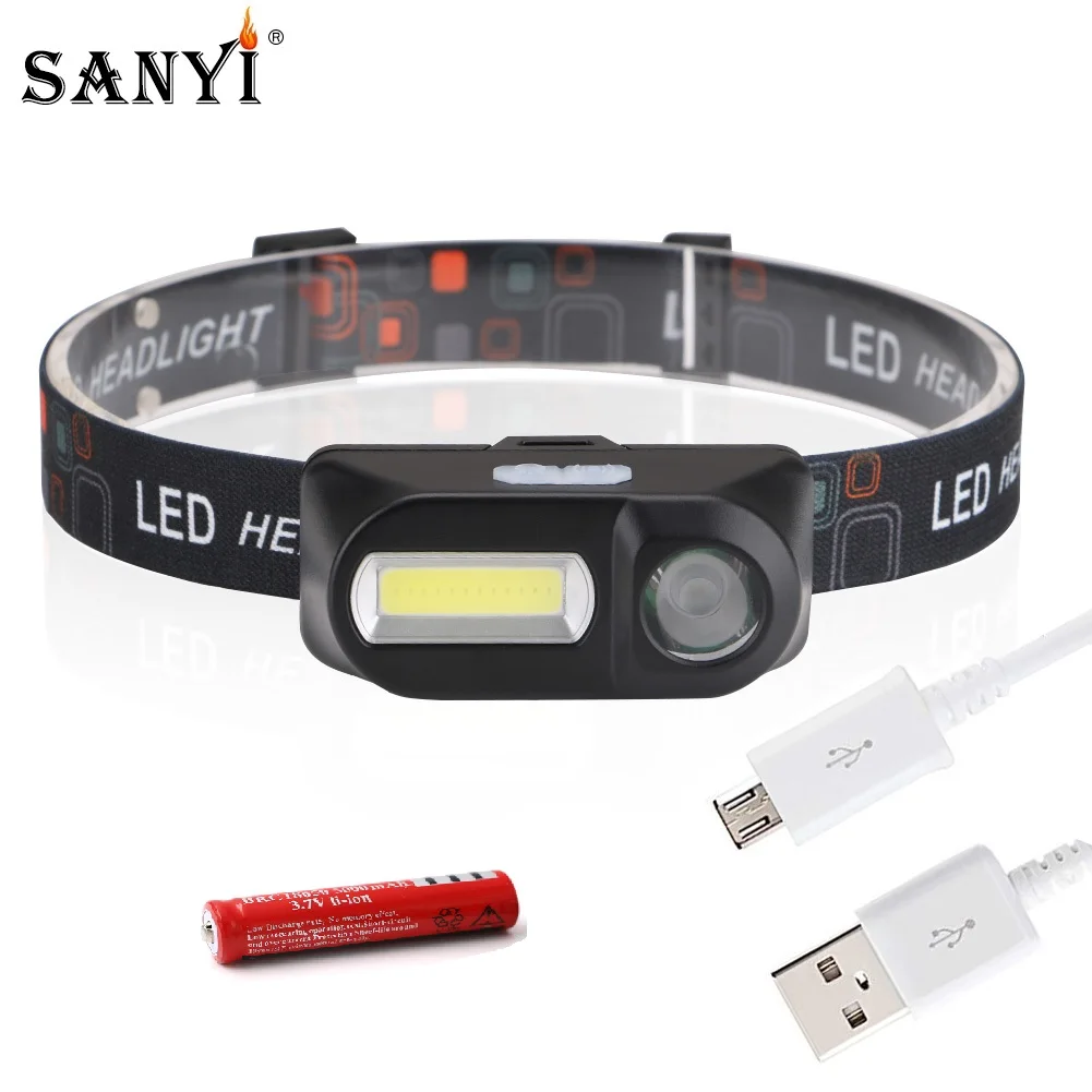Sanyi COB XPE светодиодный мини-налобный фонарь с 7 режимами usb для зарядки, фонарь для кемпинга, охотничий фронтальный Головной фонарь с аккумулятором 18650
