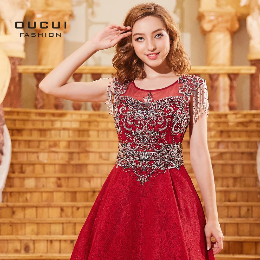 2019 Newest Red Ball Gown Lace Evening Dresses Cap Sleeve Tassel Beading Crysrtal Prom Dress Elegant Vestido Wear Party OL103291