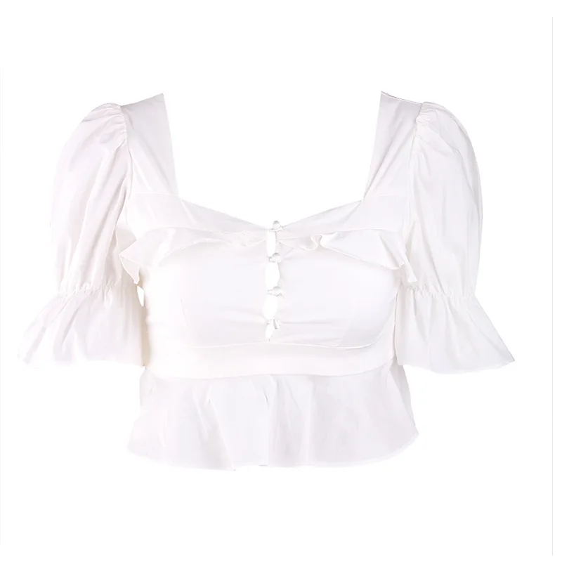 To Gladself Female 2018 Designer Fashion Casual Shirt Square Neck Sexy Cute Ruffle Hem Summer Short Crop Top Blouse for Women |