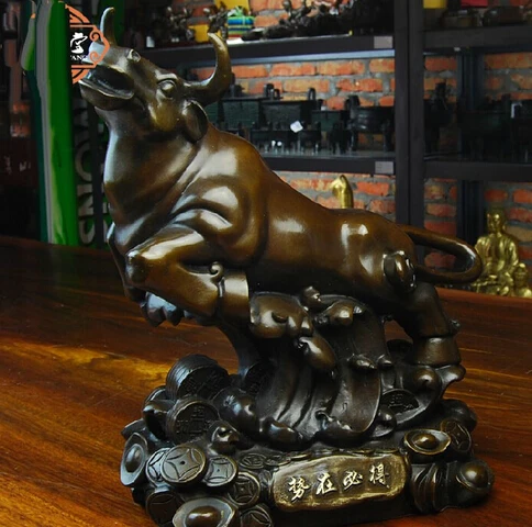 Китайская красная Медная скульптура настенная уличная статуя богатства Yuanbao бык