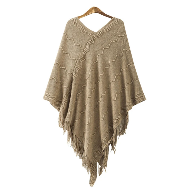 DSQUAENHD Winter Knit Tassel Hooded Cloak Women Casual Loose V-neck Wave Pattern Clothings Coats Batwing Cardigans Poncho |